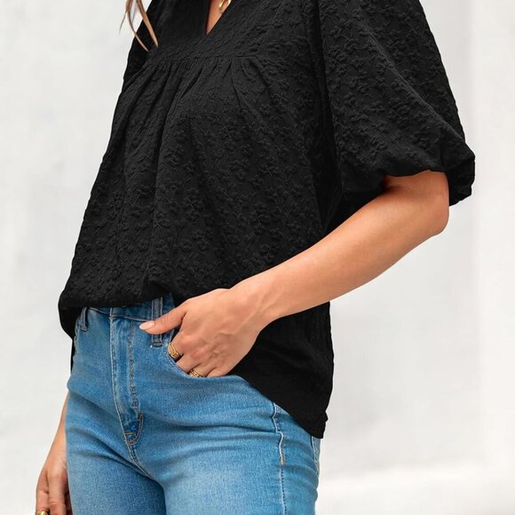 Womens Summer Tops 2025 Ruffle V Neck Blouses Loose Puff Short Sleeve Jacquard B - Picture 3 of 5